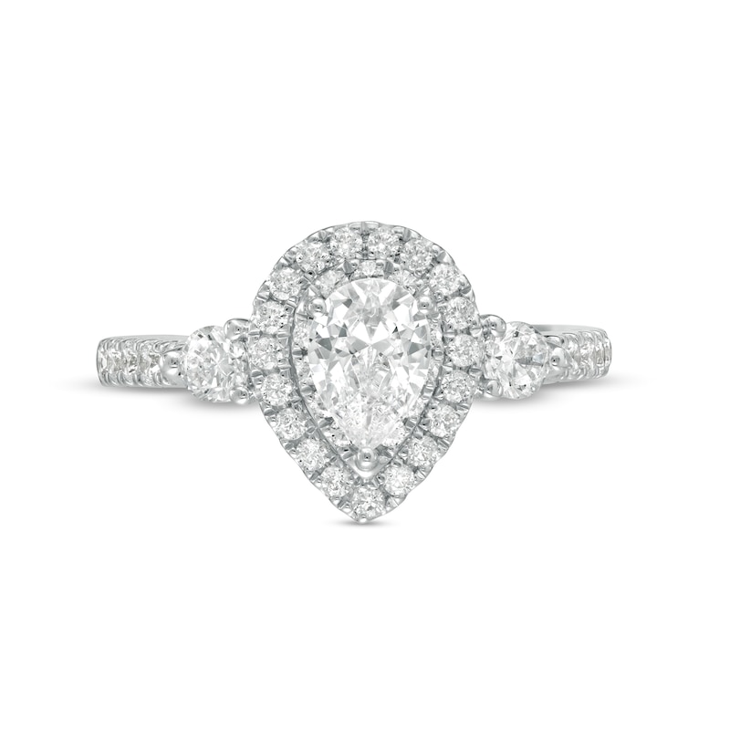 Main Image 4 of 1-1/6 CT. T.W. Certified Pear-Shaped Diamond Frame Past Present Future® Engagement Ring in 14K White Gold (I/I2)