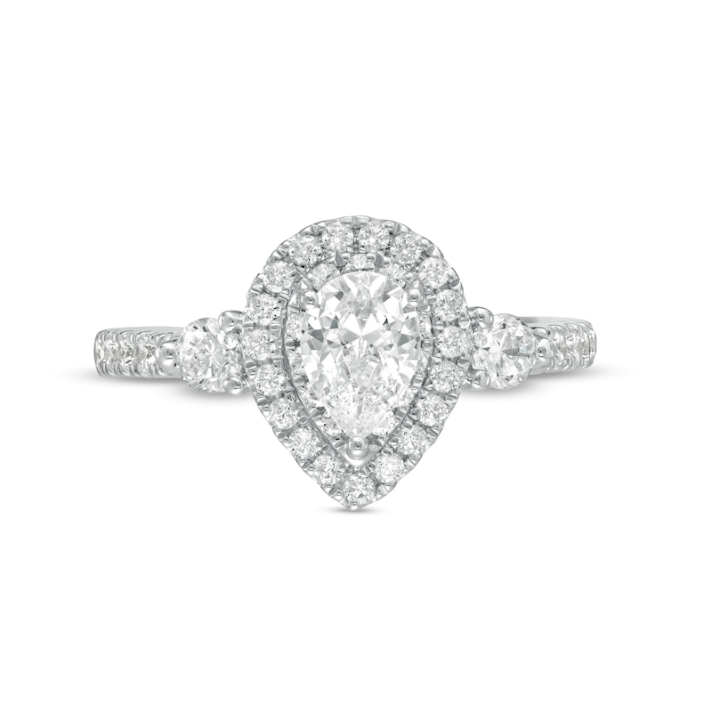 1-1/6 CT. T.W. Certified Pear-Shaped Diamond Frame Past Present Future® Engagement Ring in 14K White Gold (I/I2)