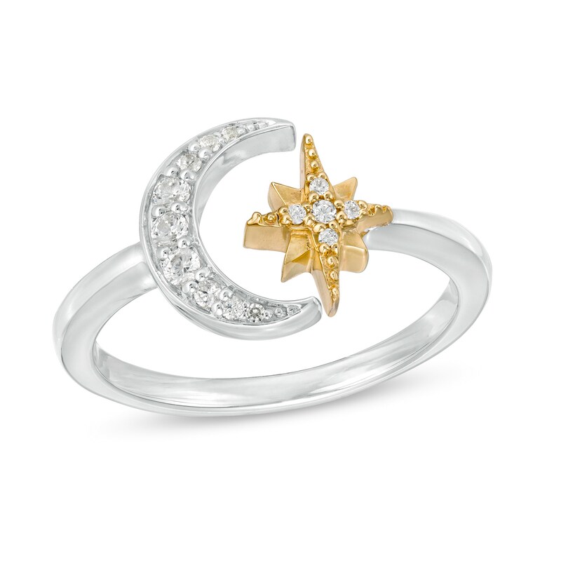 Main Image 1 of 1/6 CT. T.W. Diamond Crescent Moon and Star Open Ring in Sterling Silver and 10K Gold