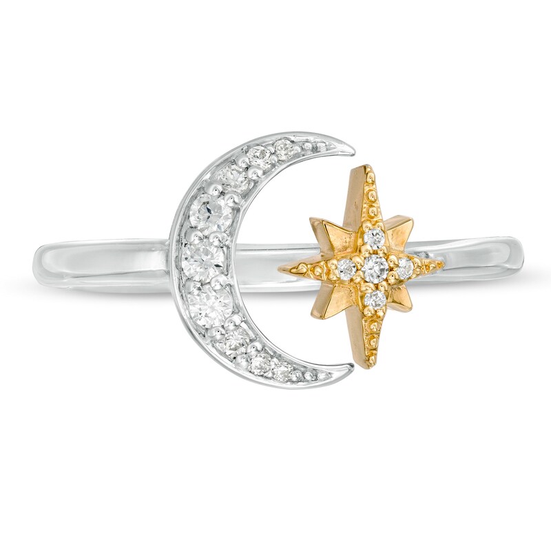 Main Image 4 of 1/6 CT. T.W. Diamond Crescent Moon and Star Open Ring in Sterling Silver and 10K Gold