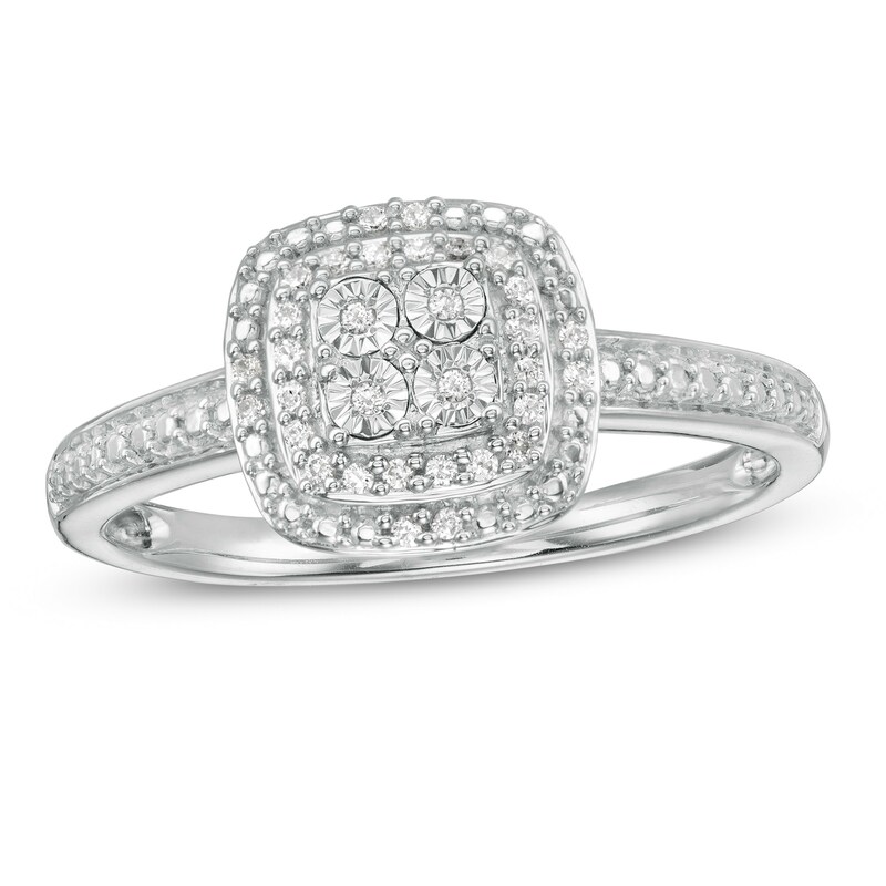 Main Image 1 of 1/10 CT. T.W. Quad Diamond Double Cushion Frame Ring in Sterling Silver