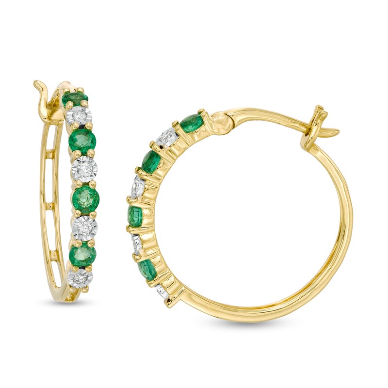 Alternating Emerald and 1/15 CT. T.W. Diamond Hoop Earrings in 10K Gold