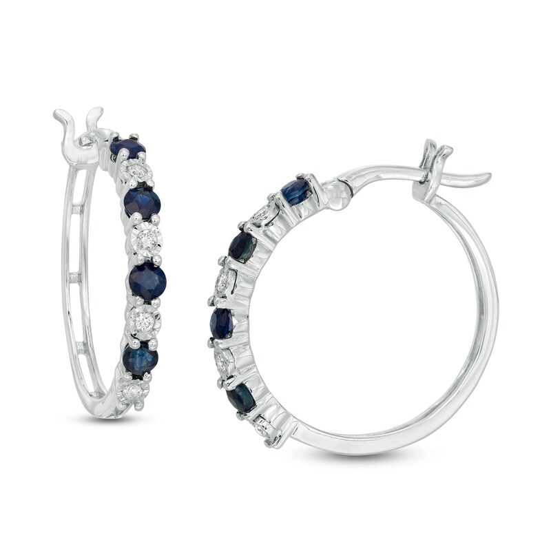 Alternating Blue Sapphire and 1/15 CT. T.W. Diamond Hoop Earrings in 10K White Gold