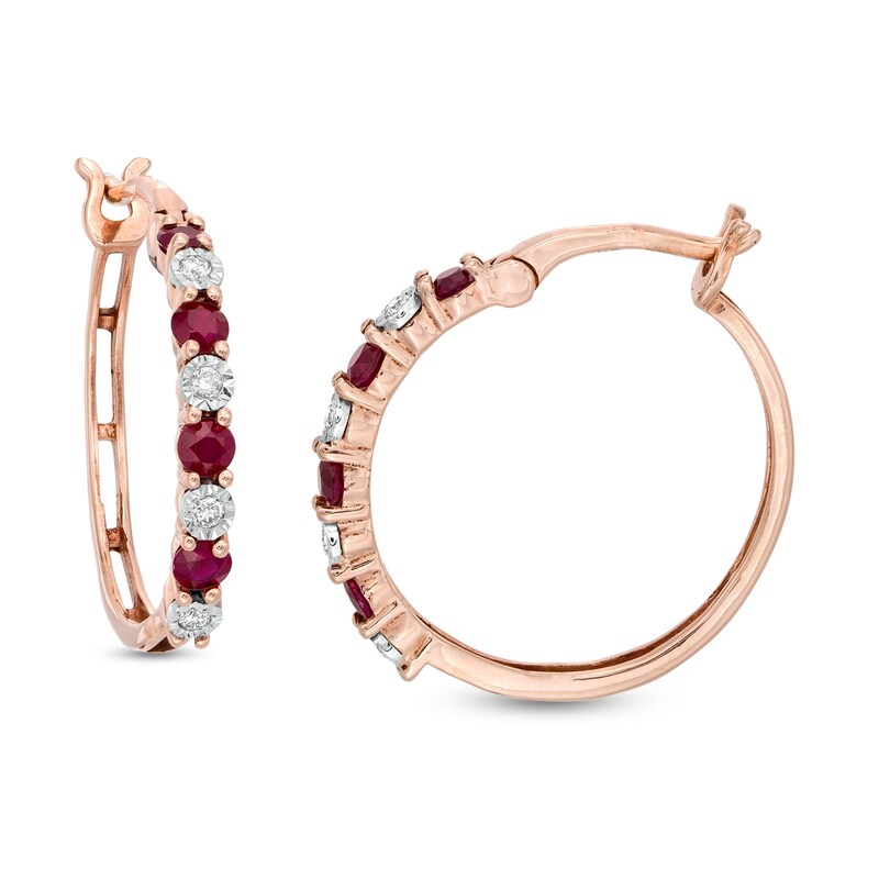 Alternating Ruby and 1/15 CT. T.W. Diamond Hoop Earrings in 10K Rose Gold