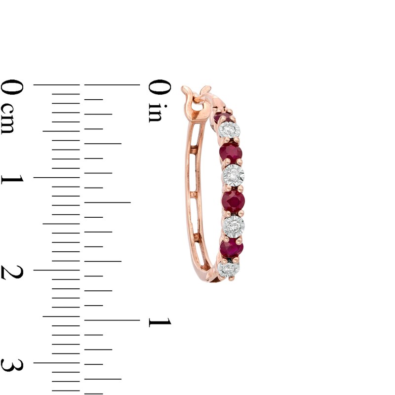 Alternating Ruby and 1/15 CT. T.W. Diamond Hoop Earrings in 10K Rose Gold