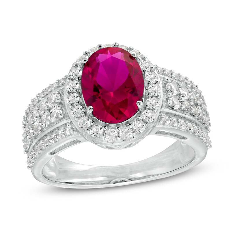 Main Image 1 of Oval Lab-Created Ruby and White Sapphire Frame Multi-Row Ring in Sterling Silver