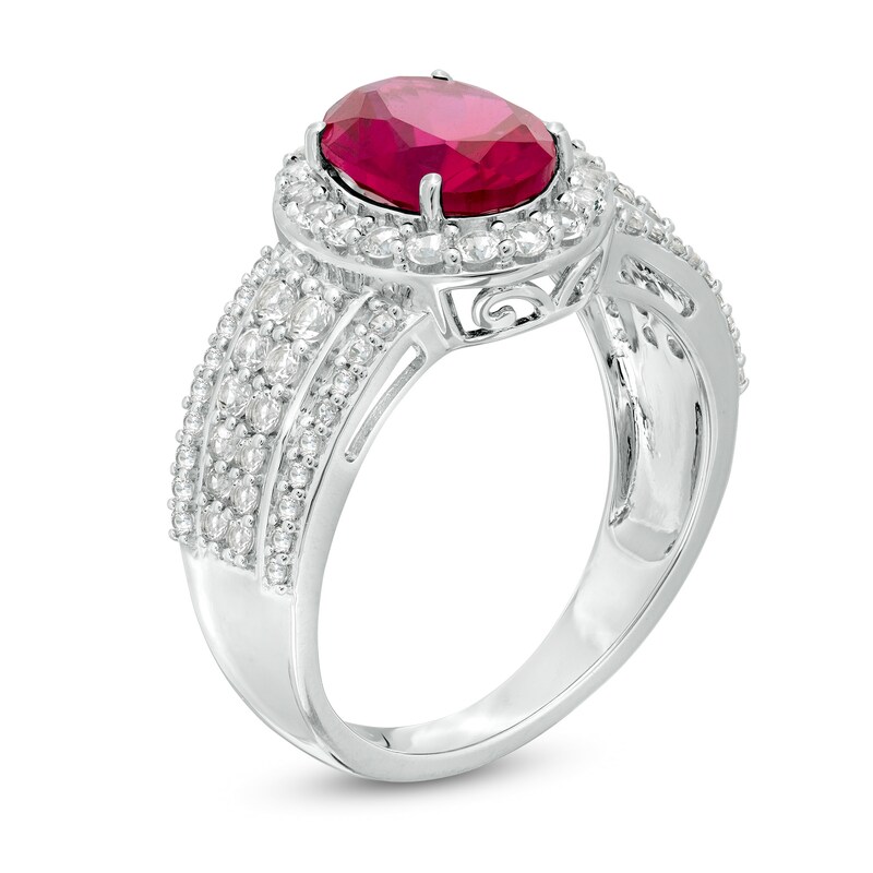 Main Image 2 of Oval Lab-Created Ruby and White Sapphire Frame Multi-Row Ring in Sterling Silver