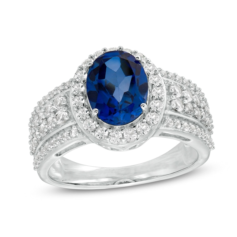Main Image 1 of Oval Lab-Created Blue and White Sapphire Frame Multi-Row Ring in Sterling Silver