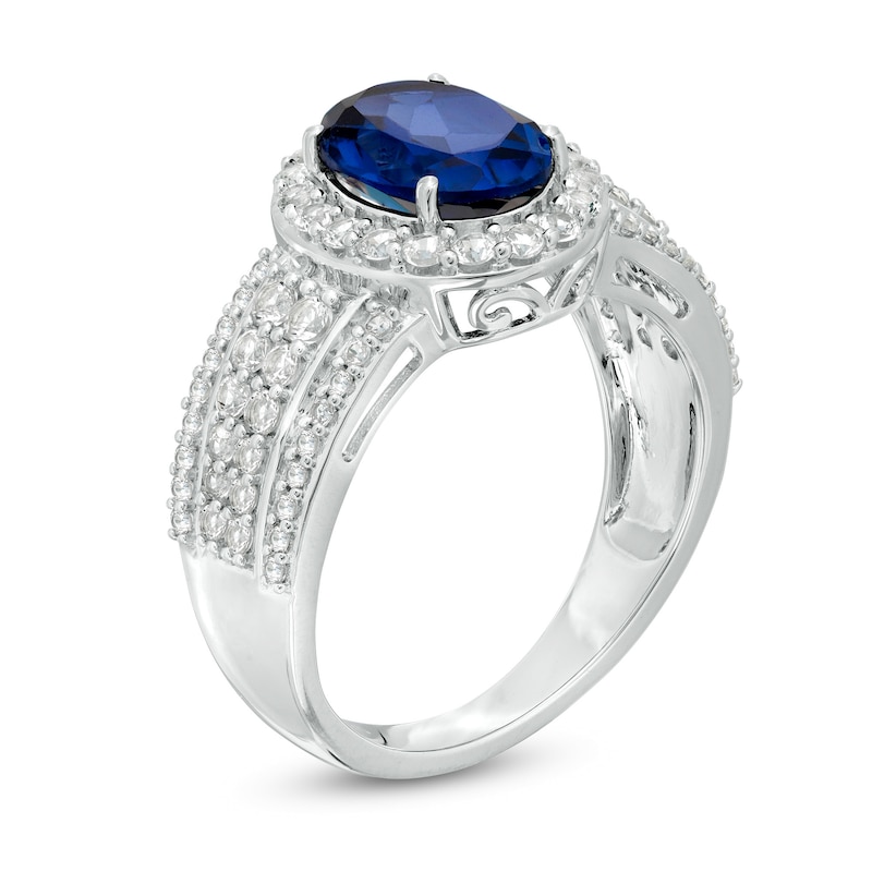 Main Image 2 of Oval Lab-Created Blue and White Sapphire Frame Multi-Row Ring in Sterling Silver