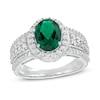 Thumbnail Image 0 of Oval Lab-Created Emerald and White Sapphire Frame Multi-Row Ring in Sterling Silver