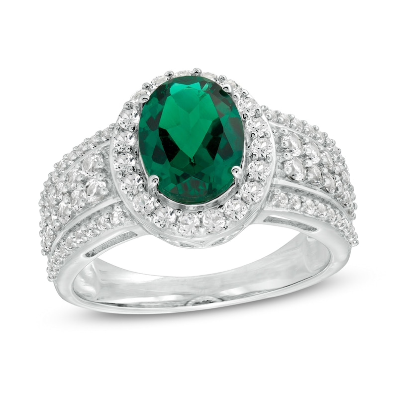 Main Image 1 of Oval Lab-Created Emerald and White Sapphire Frame Multi-Row Ring in Sterling Silver