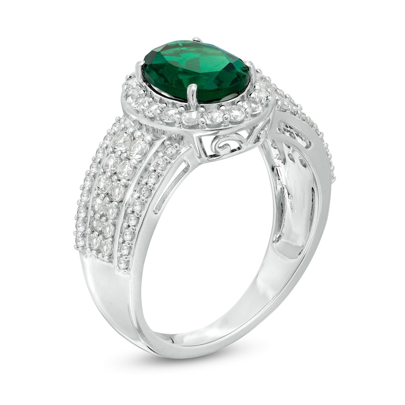 Oval Lab-Created Emerald and White Sapphire Frame Multi-Row Ring in Sterling Silver