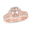 Thumbnail Image 0 of Oval Morganite and 1/3 CT. T.W. Diamond Cushion Frame Collared Split Shank Bridal Set in 10K Rose Gold