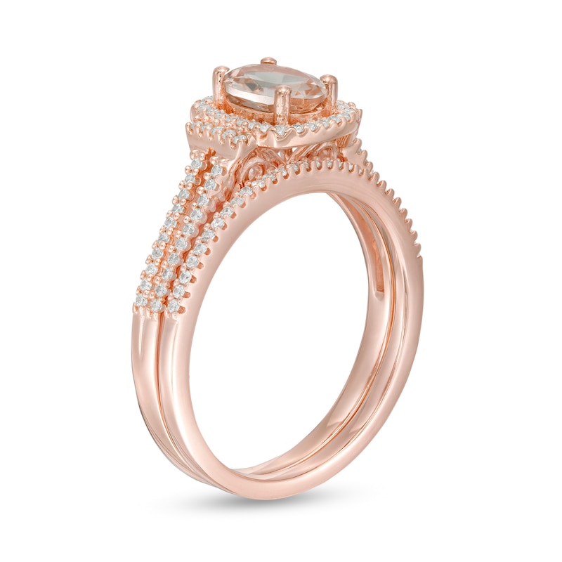 Main Image 3 of Oval Morganite and 1/3 CT. T.W. Diamond Cushion Frame Collared Split Shank Bridal Set in 10K Rose Gold