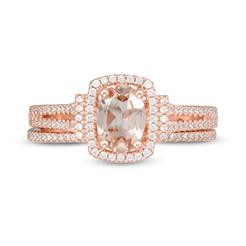 Oval Morganite and 1/3 CT. T.W. Diamond Cushion Frame Collared Split Shank Bridal Set in 10K Rose Gold