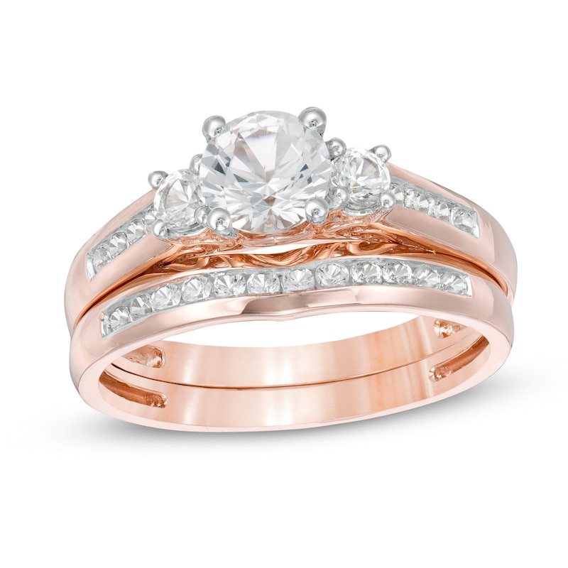 Main Image 1 of 5.4mm Lab-Created White Sapphire Three Stone Bridal Set in 10K Rose Gold