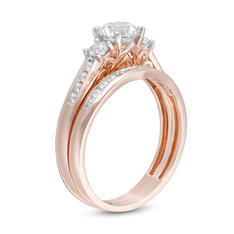 Main Image 3 of 5.4mm Lab-Created White Sapphire Three Stone Bridal Set in 10K Rose Gold