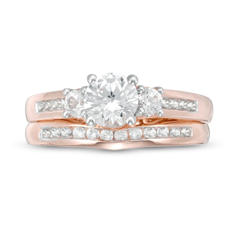 Main Image 4 of 5.4mm Lab-Created White Sapphire Three Stone Bridal Set in 10K Rose Gold