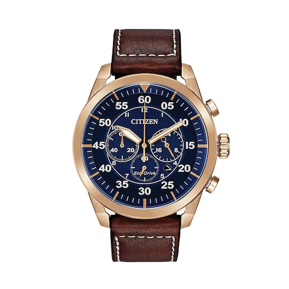 Men's Citizen Eco-DriveÂ® Avion Chronograph Gold-Tone Strap Watch with Blue Dial (Model: CA4213-18L)