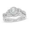 Thumbnail Image 1 of Lab-Created White Sapphire Frame Cascading Shank Bridal Set in Sterling Silver