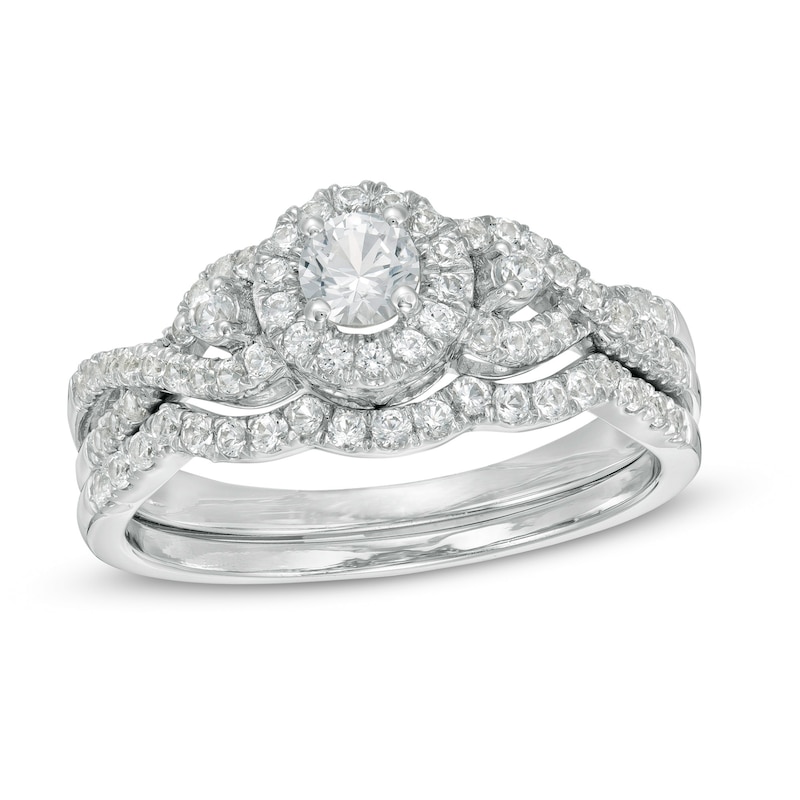 Main Image 1 of Lab-Created White Sapphire Frame Cascading Shank Bridal Set in Sterling Silver