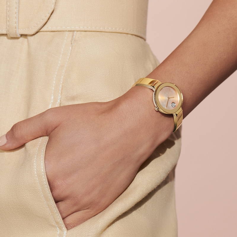 Main Image 2 of Ladies' Movado Bold®Crystal Gold-Tone Bangle Watch with Transparent Mother-of Pearl Dial (Model: 3600627)