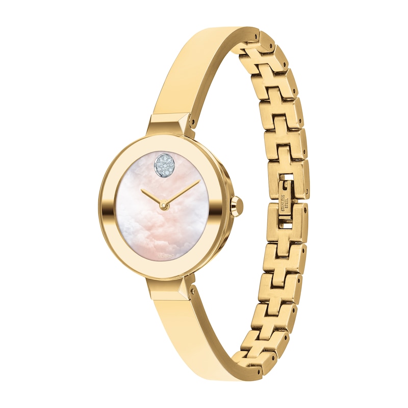 Main Image 3 of Ladies' Movado Bold®Crystal Gold-Tone Bangle Watch with Transparent Mother-of Pearl Dial (Model: 3600627)