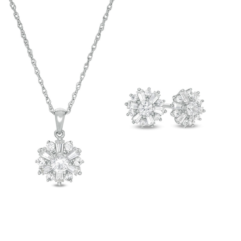 Main Image 1 of Lab-Created Baguette and Round White Sapphire Starburst Pendant and Stud Earrings Set in Sterling Silver
