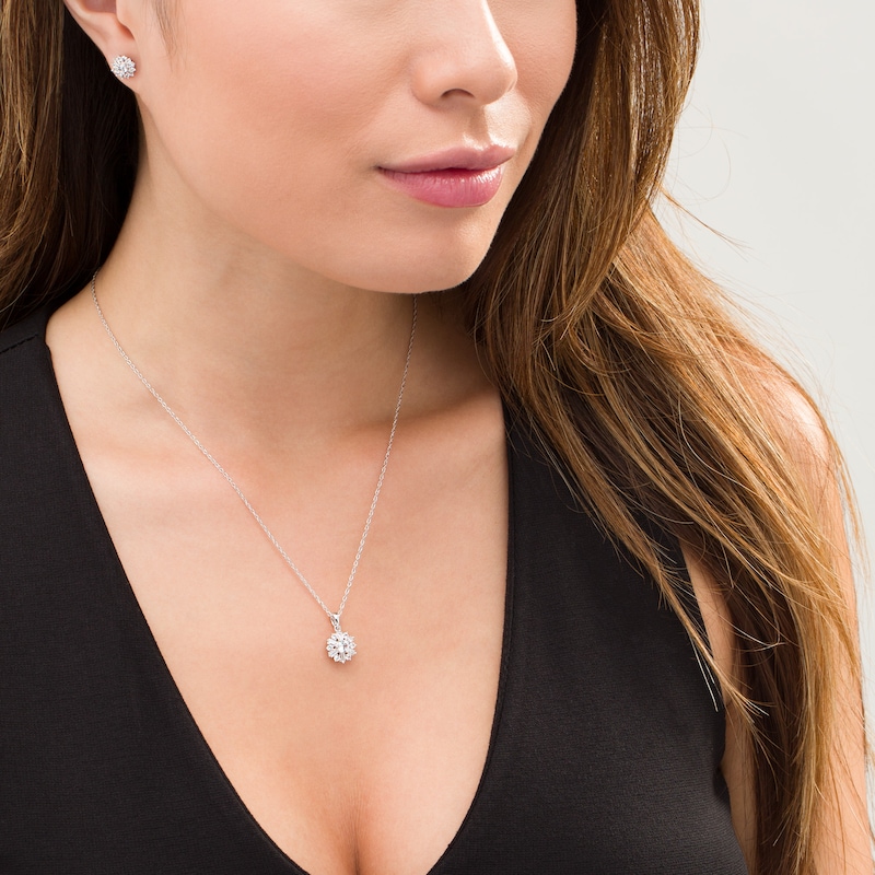 Main Image 2 of Lab-Created Baguette and Round White Sapphire Starburst Pendant and Stud Earrings Set in Sterling Silver