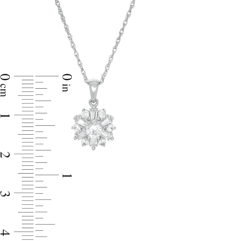 Main Image 4 of Lab-Created Baguette and Round White Sapphire Starburst Pendant and Stud Earrings Set in Sterling Silver