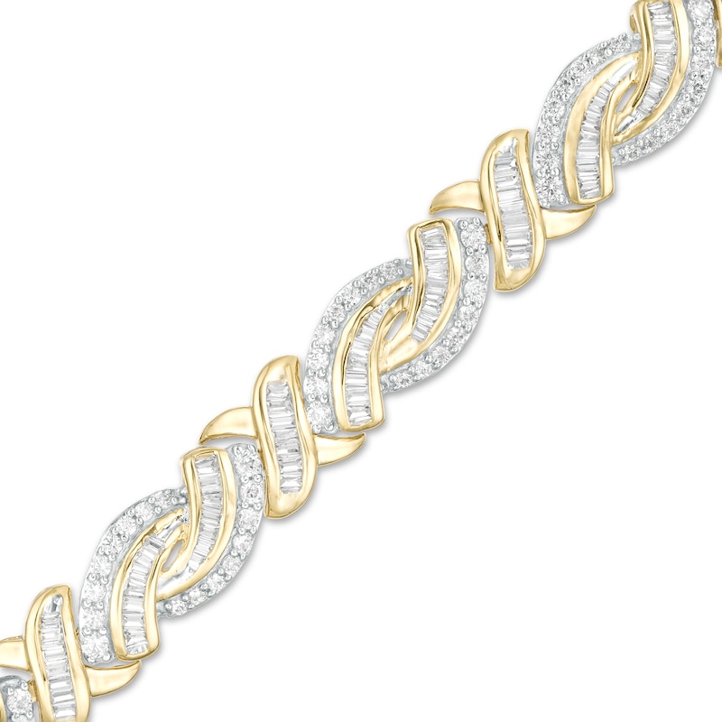 3 CT. T.W. Baguette and Round Diamond "X" Bypass Bracelet in 10K Gold - 7.5"