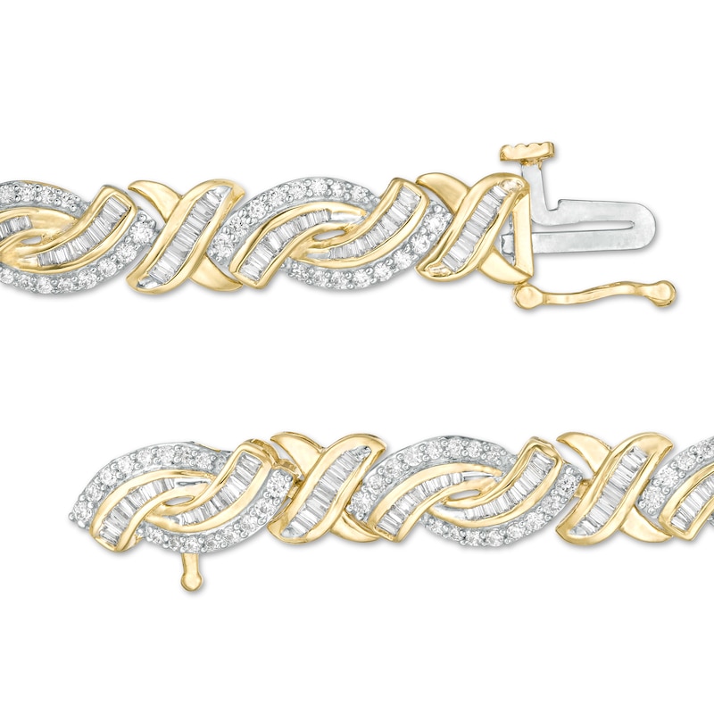3 CT. T.W. Baguette and Round Diamond "X" Bypass Bracelet in 10K Gold - 7.5"