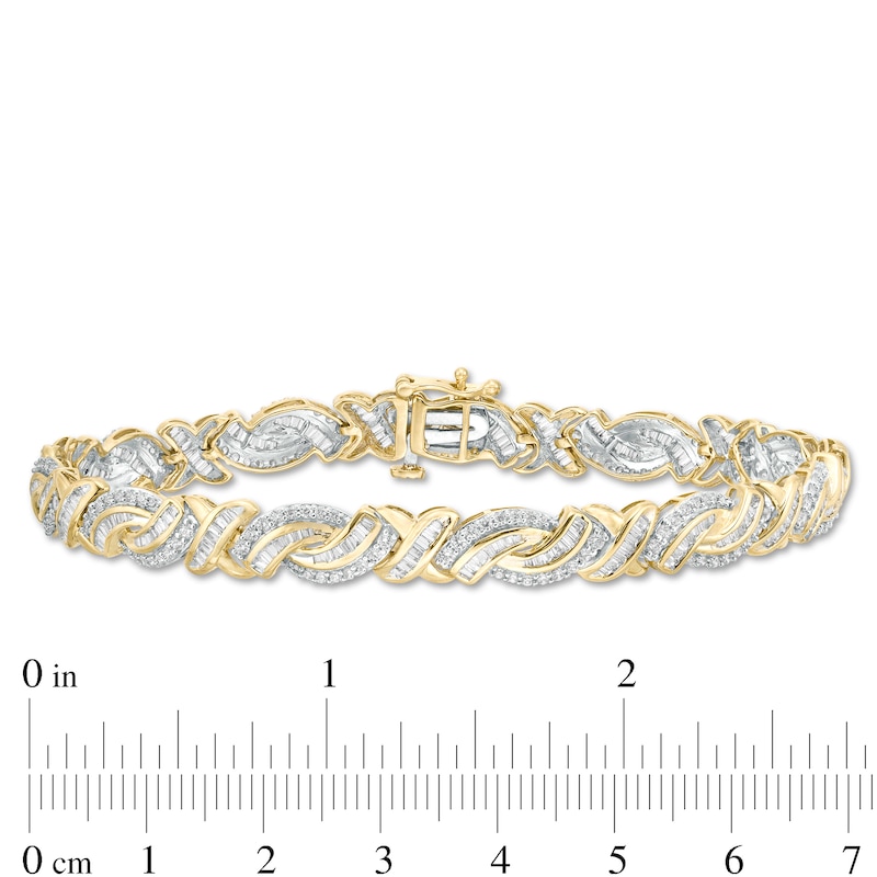 3 CT. T.W. Baguette and Round Diamond "X" Bypass Bracelet in 10K Gold - 7.5"