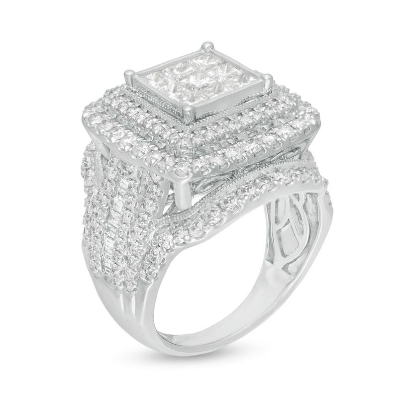 3 CT. T.W. Composite Diamond Double Cushion Frame Vintage-Style Engagement Ring in 10K White Gold