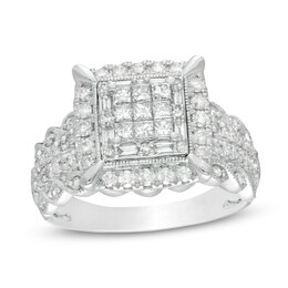 1 CT. T.W. Composite Diamond Cushion Frame Vintage-Style Engagement Ring in 10K White Gold