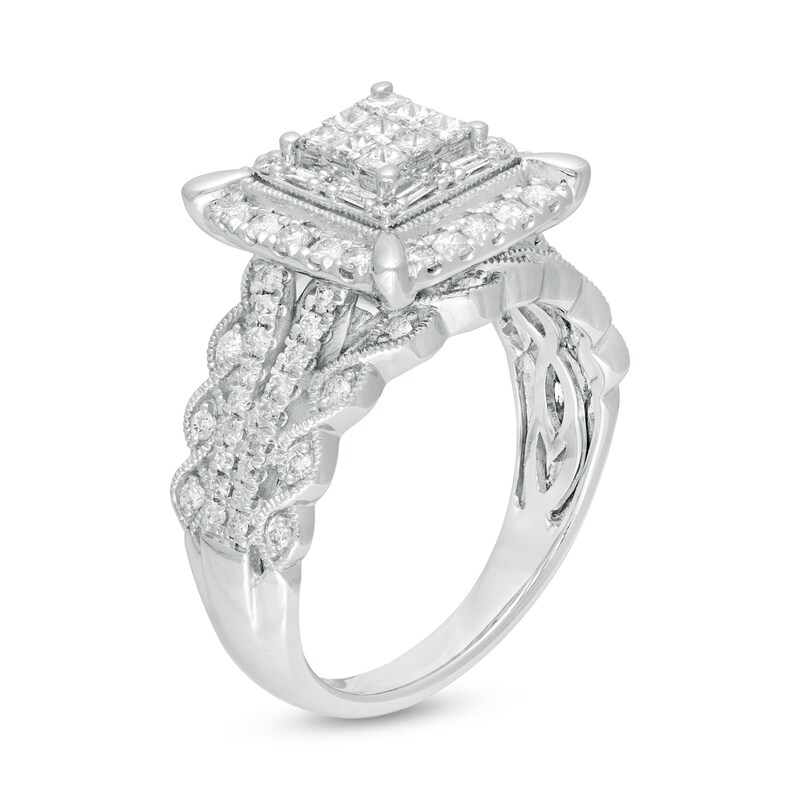 1 CT. T.W. Composite Diamond Cushion Frame Vintage-Style Engagement Ring in 10K White Gold