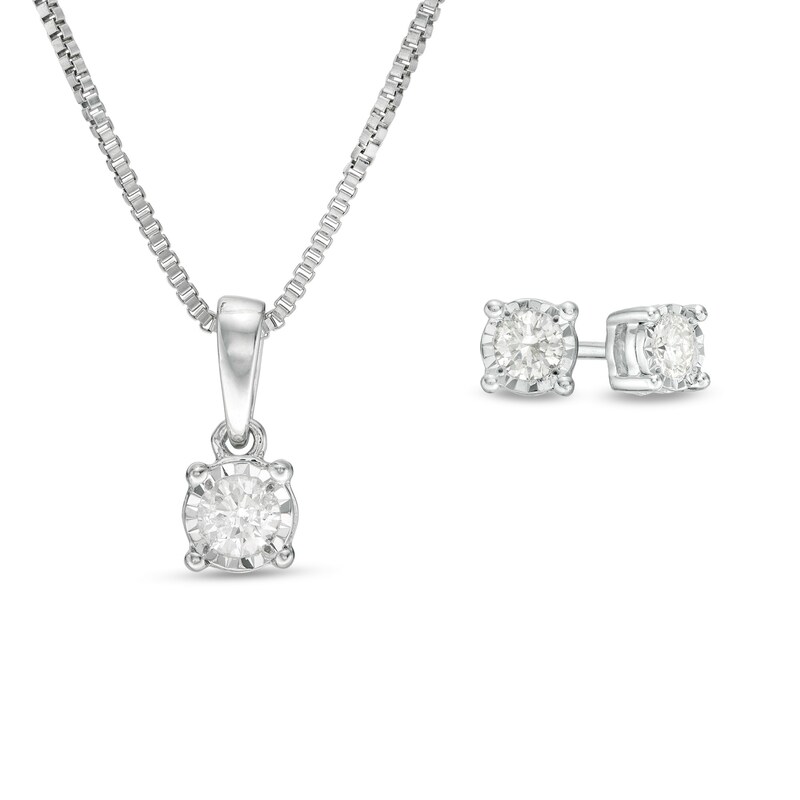 Main Image 1 of 1/4 CT. T.W. Diamond Solitaire Pendant and Earrings Set in Sterling Silver