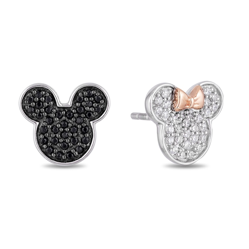 Main Image 1 of Mickey Mouse & Minnie Mouse 1/4 CT. T.W. Enhanced Black and White Diamond Earrings in Sterling Silver and 10K Rose Gold
