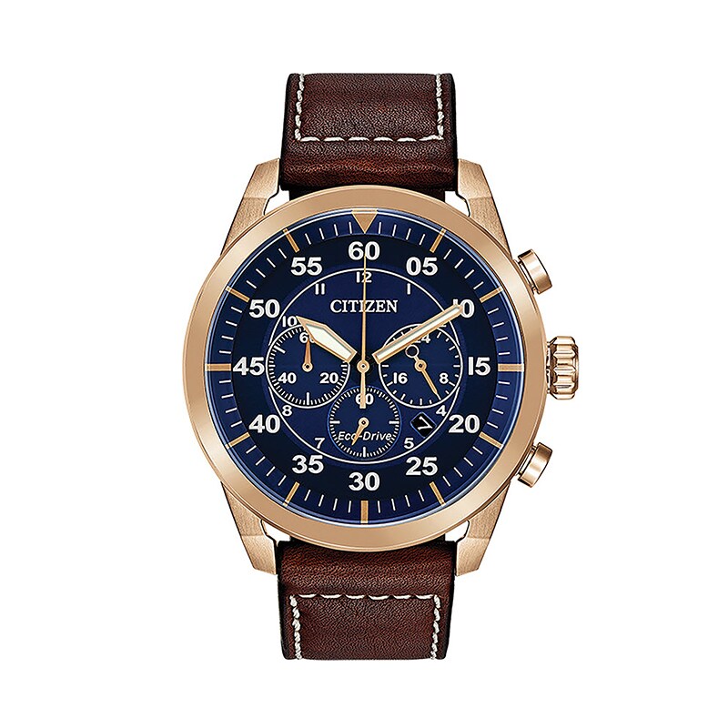 Main Image 1 of Men's Citizen Eco-Drive® Avion Chronograph Gold-Tone Strap Watch with Blue Dial  (Model: CA4213-18L)