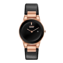 Ladies' Citizen Eco-Drive® Axiom Rose-Tone IP Strap Watch with Black Dial (Model: GA1058-16E)