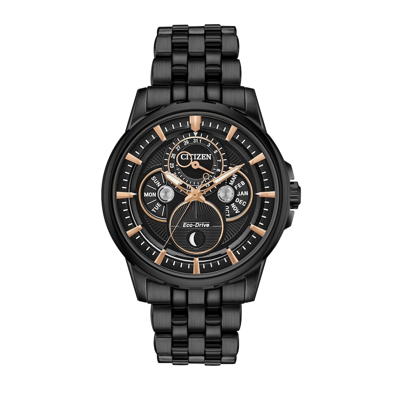 Main Image 1 of Men's Citizen Eco-Drive® Calendrier Black IP Chronograph Watch with Black Dial (Model: BU0057-54E)