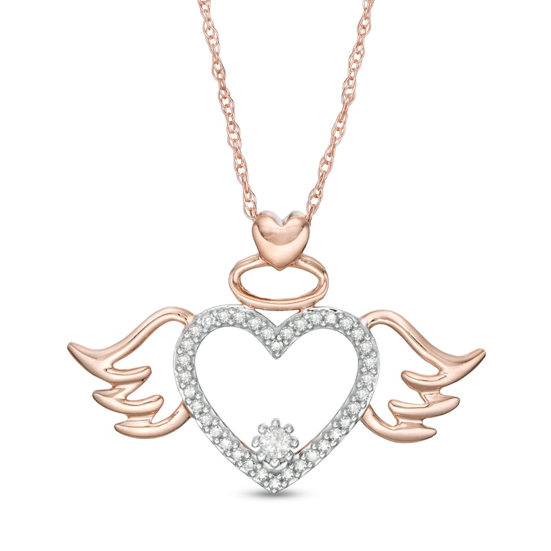 1/10 CT. T.W. Diamond Angel Winged Heart Pendant in 10K Rose Gold