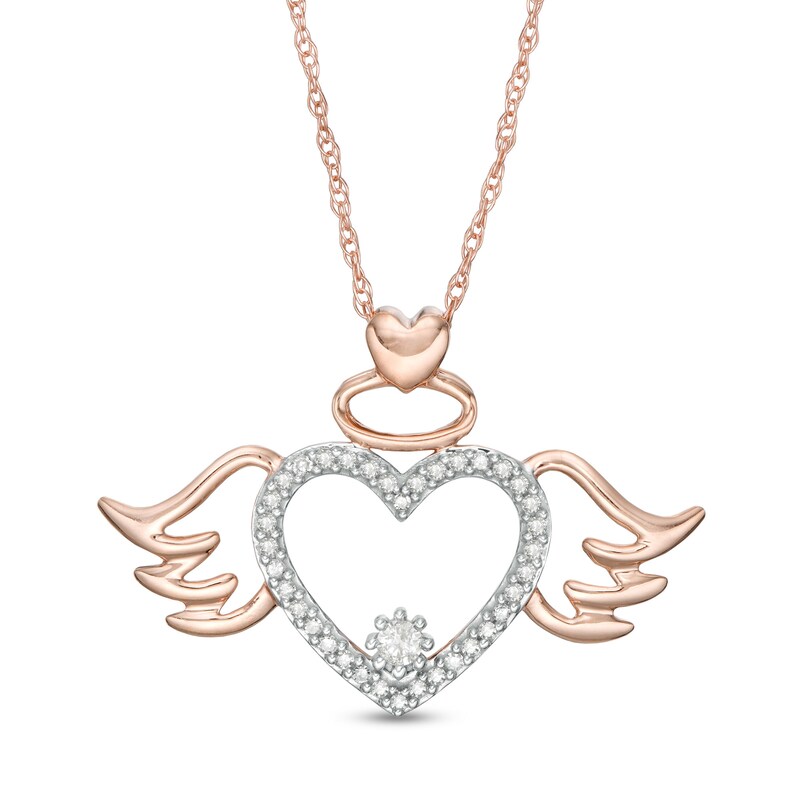 Main Image 1 of 1/10 CT. T.W. Diamond Angel Winged Heart Pendant in 10K Rose Gold