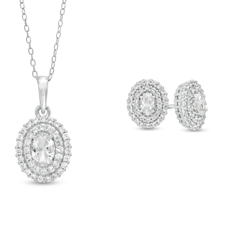 Main Image 1 of Oval Lab-Created White Sapphire Double Frame Stud Earrings and Pendant Set in Sterling Silver