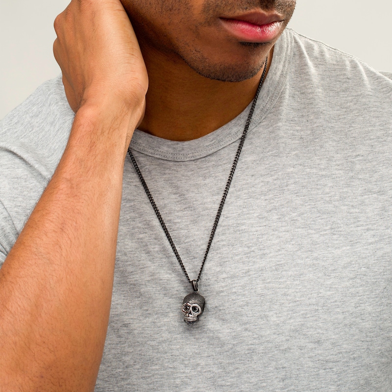 Main Image 2 of Men's 1/5 CT. T.W. Black Diamond Skull Pendant in Stainless Steel and Black IP - 24"