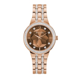 Ladies' Bulova Crystal Accent Rose-Tone Watch with Brown Dial (Model: 98L266)