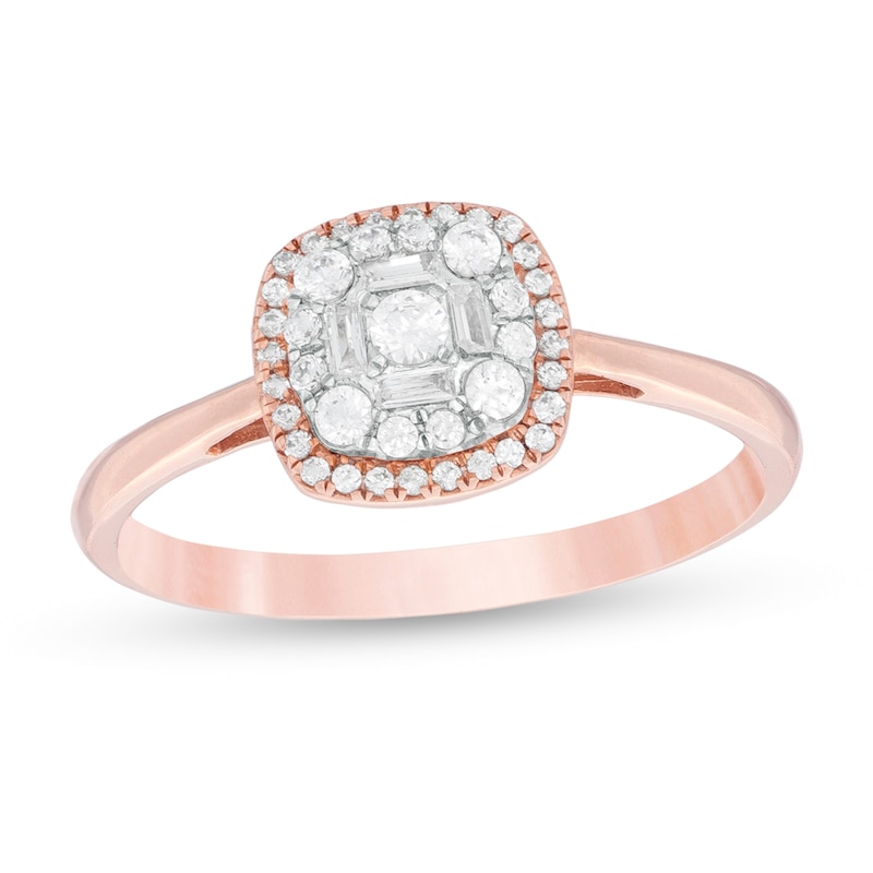 1/4 CT. T.W. Baguette and Round Composite Diamond Cushion Frame Ring in 10K Rose Gold