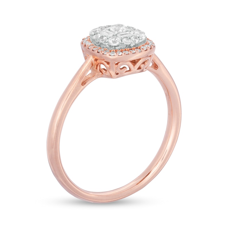 1/4 CT. T.W. Baguette and Round Composite Diamond Cushion Frame Ring in 10K Rose Gold