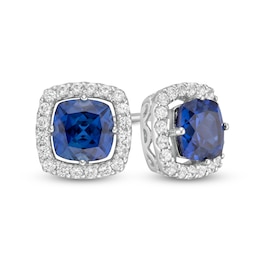 6.0mm Cushion-Cut Blue and White Lab-Created Sapphire Frame Stud Earrings in Sterling Silver