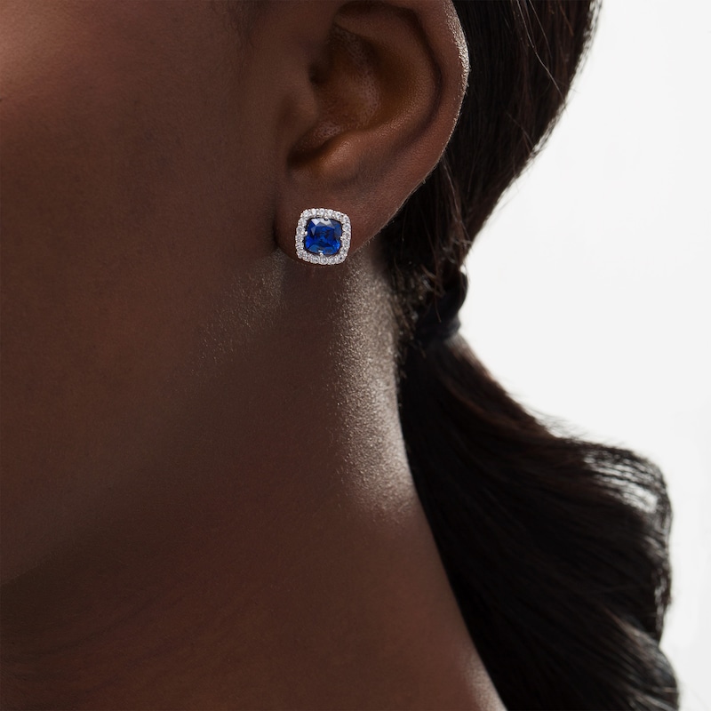 Main Image 2 of 6.0mm Cushion-Cut Blue and White Lab-Created Sapphire Frame Stud Earrings in Sterling Silver